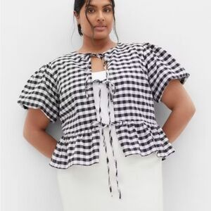 City Chic Jolie Top Peplum Puff Sleeve Black Gingham